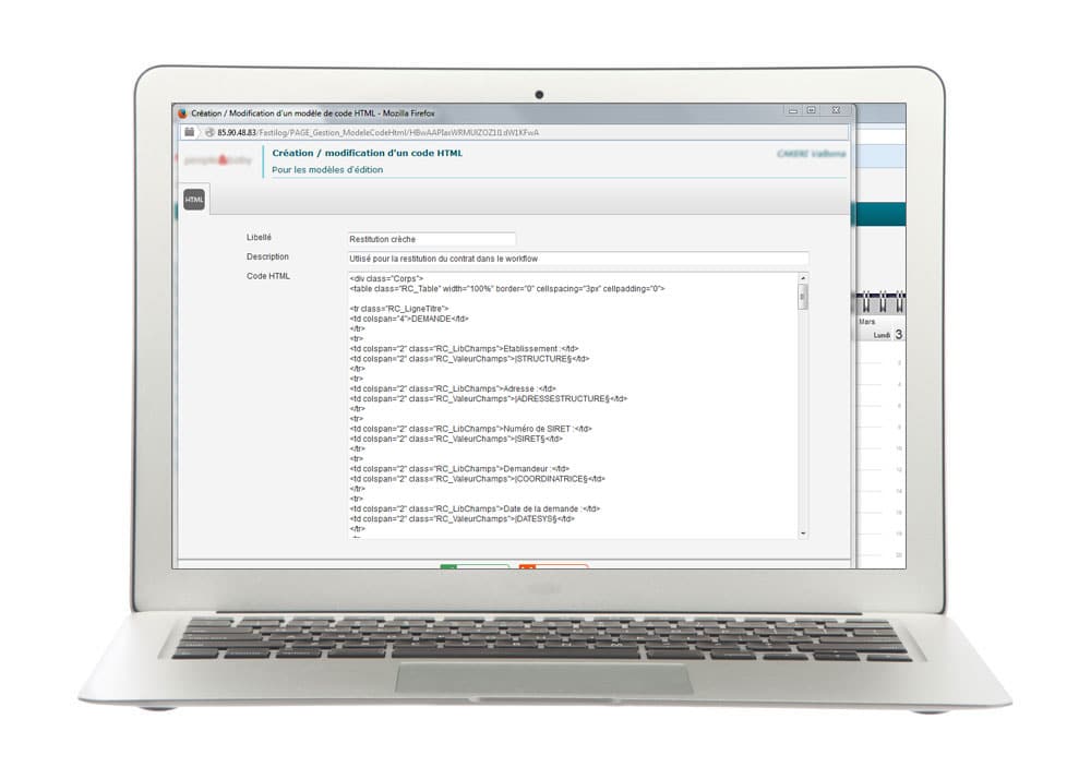Création et modification du code HTML du module de gestion des contrats de travail de Fastilog logiciel RH de gestion des temps et des activités