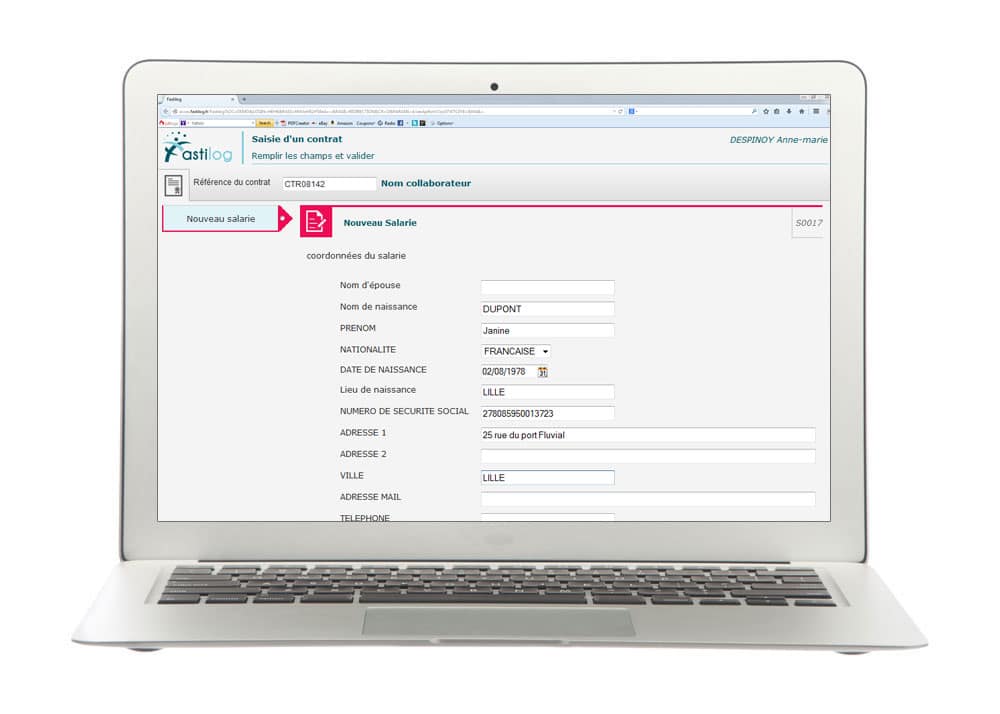 Saisie de contrat - Module de gestion des contrats de travail de Fastilog, logiciel RH de gestion des temps et des activités